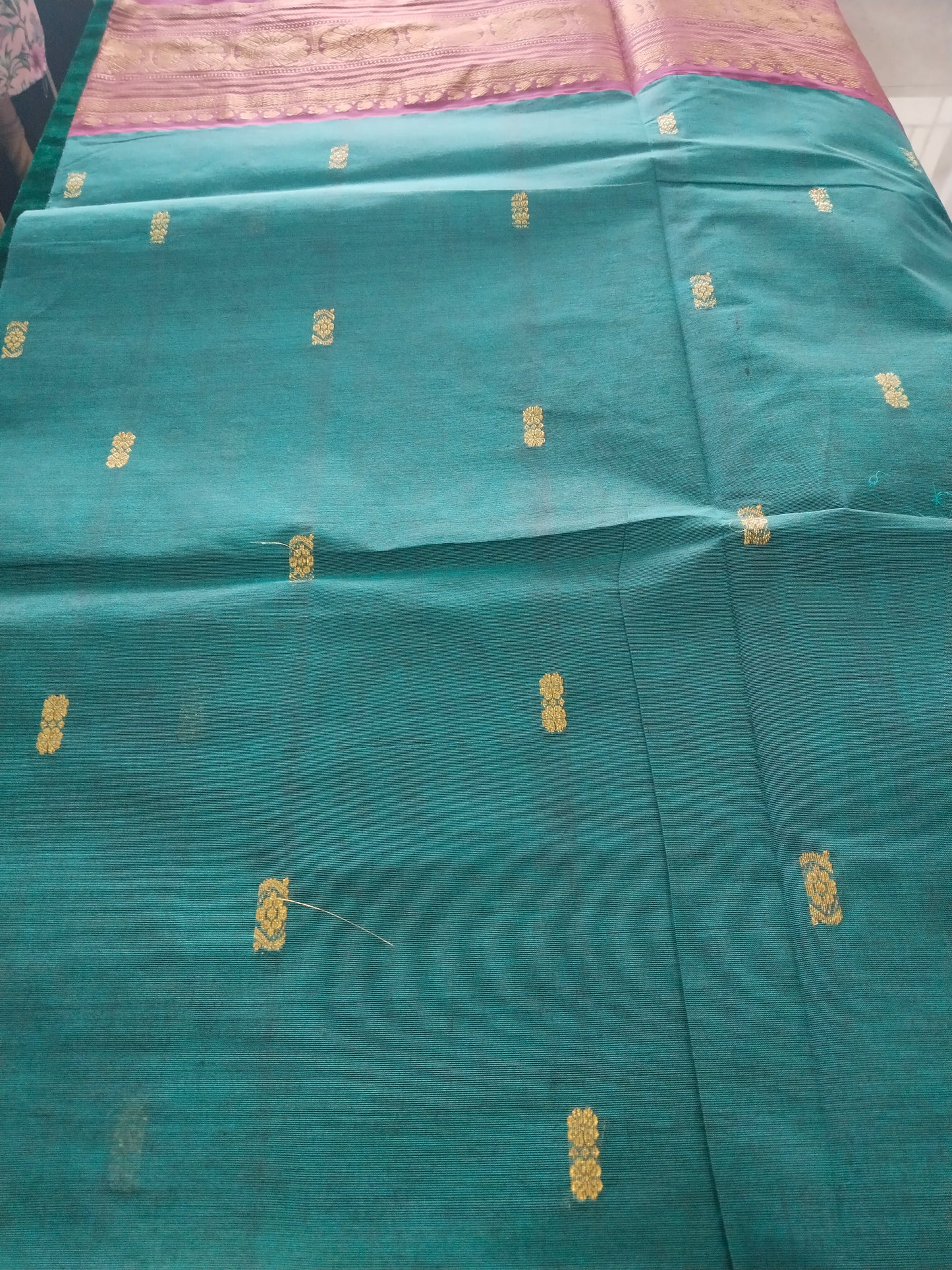 Teal Blue Rich cotton saree with pink border