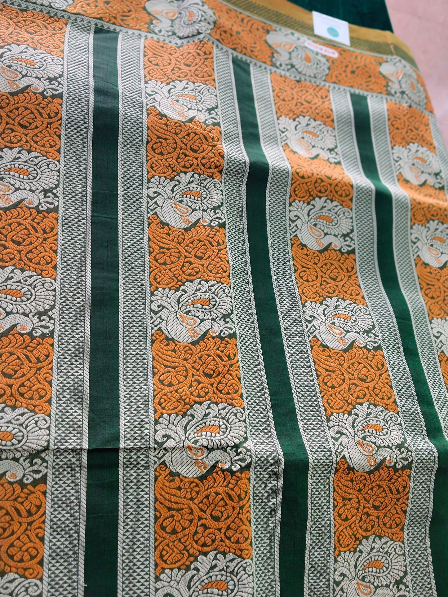 Bottle Green Pure Cotton Saree with peacock motifs