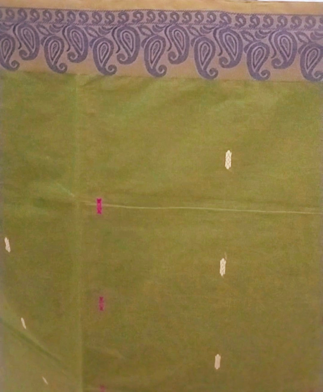 Pure green Cotton saree with colourful buttas in pallu & Mango border