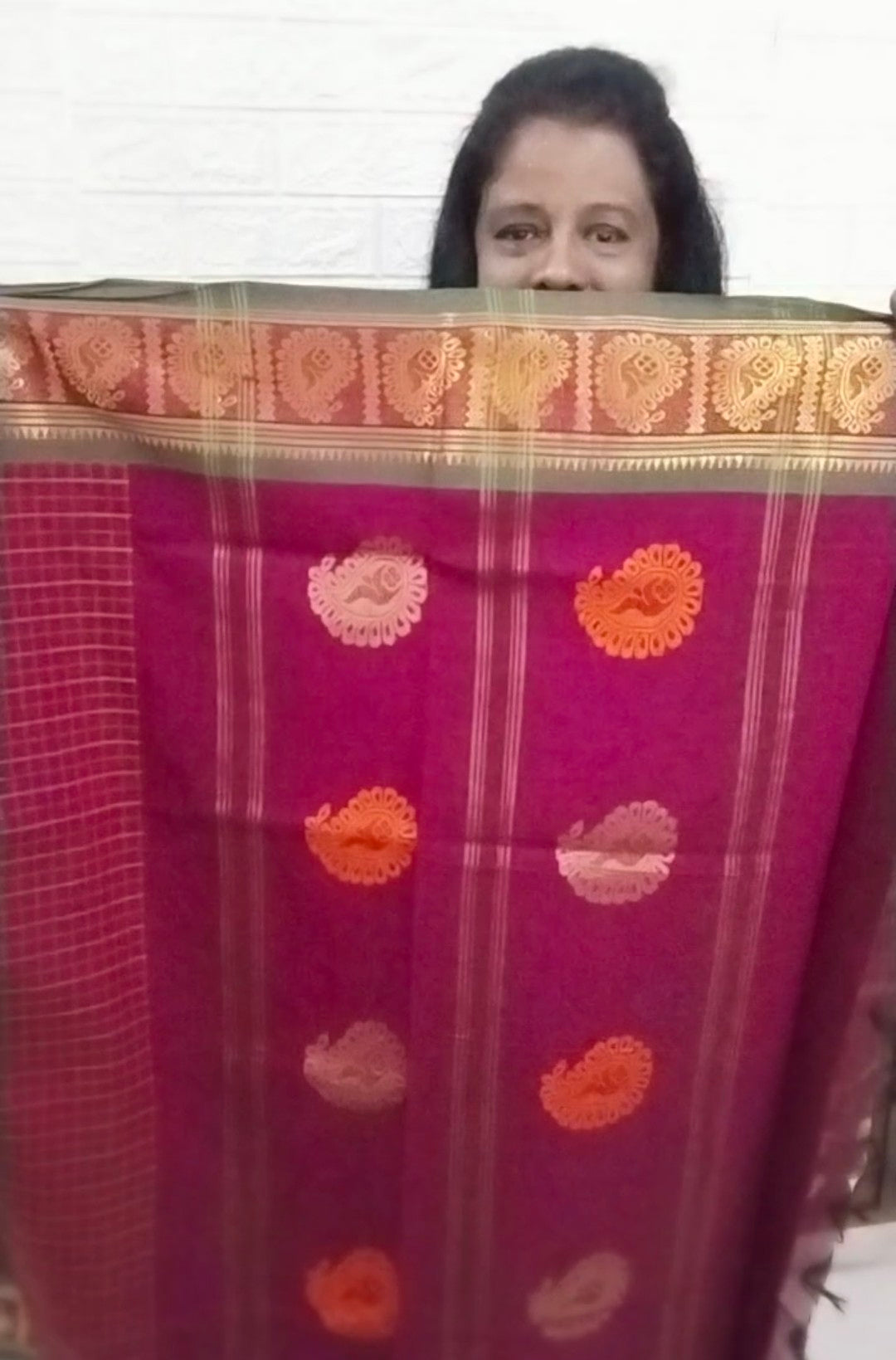 Mercerized pure cotton saree with checks body & mango buttas