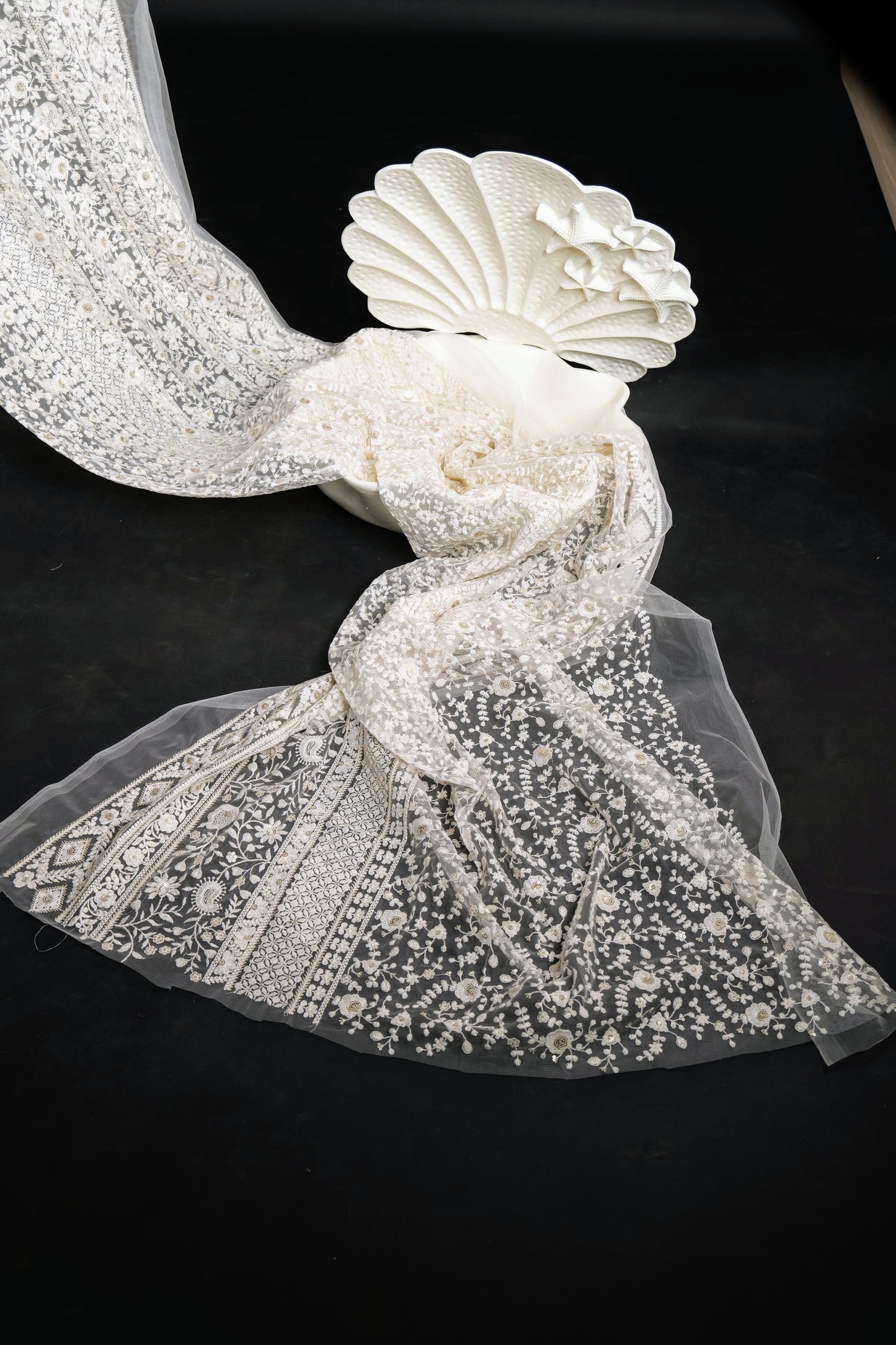 White Embroided Soft Net Fabric with Sequins