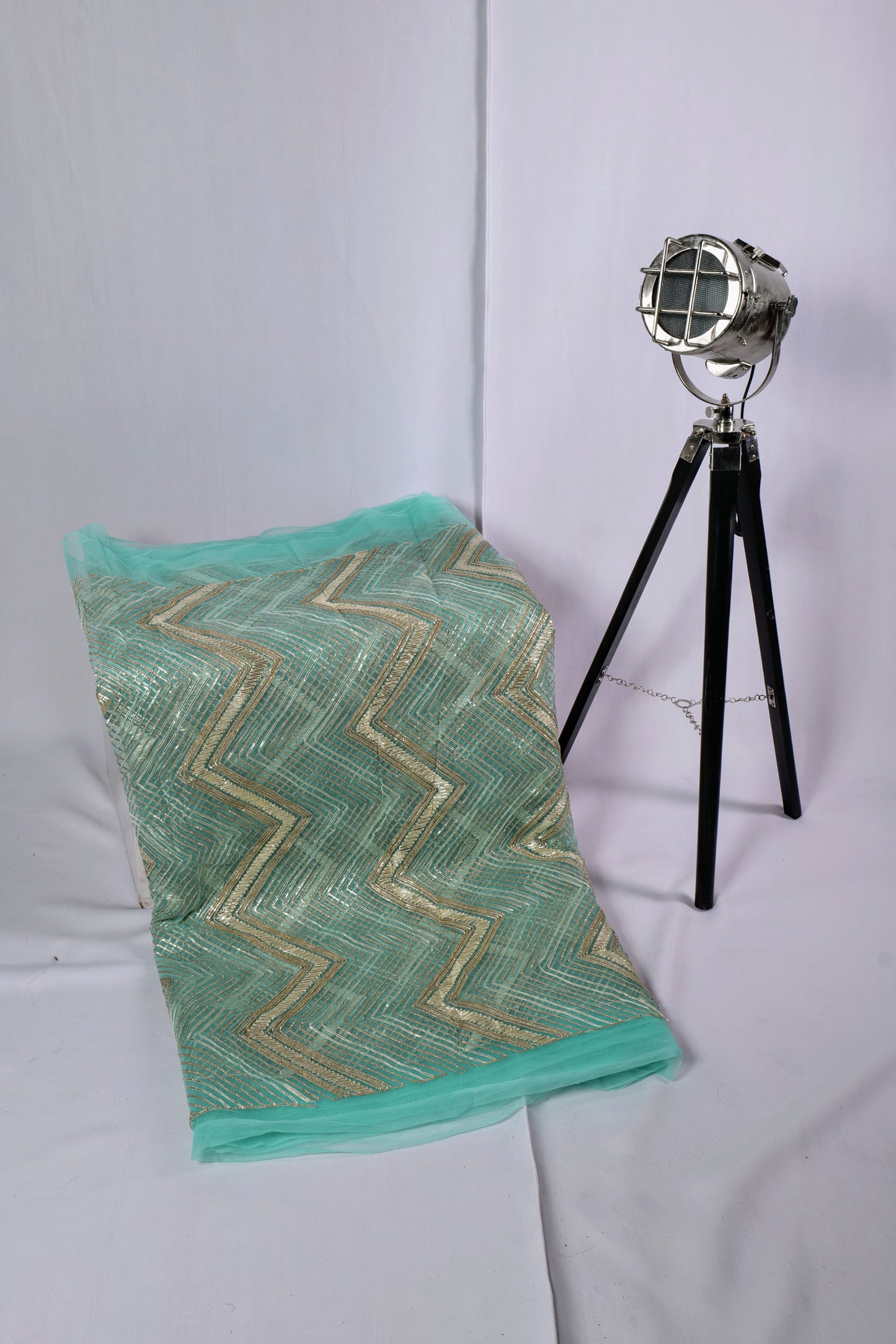 Ribbon Embroidery on Soft Net Fabric; Sea Green and Navy Blue