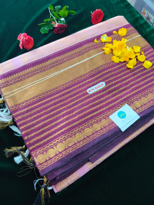 pink Rich cotton saree with blue neli border