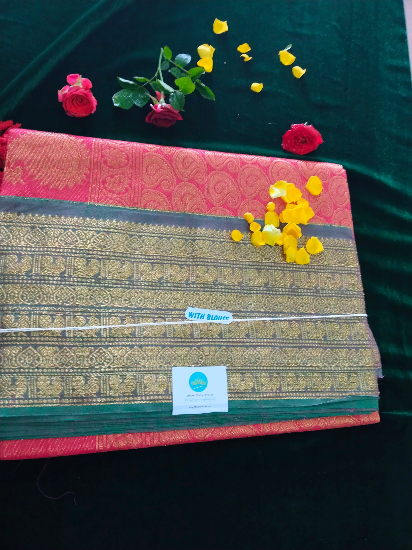 Rich Cotton Rani pink saree with pastel rama green peacock border