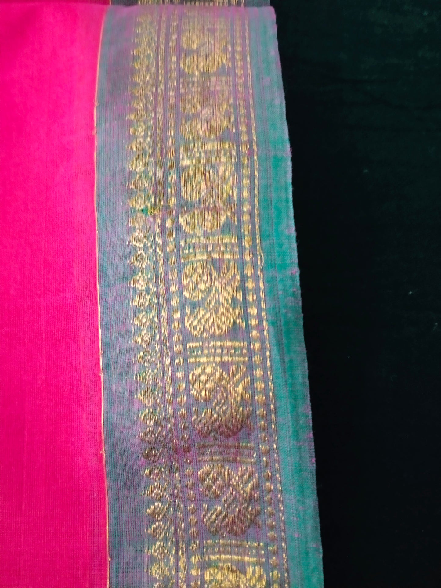 Rich Cotton Rani pink saree with pastel rama green peacock border