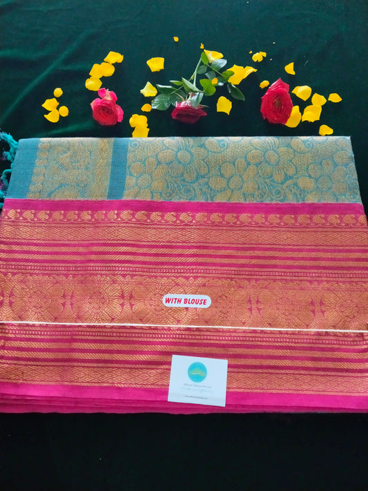 Teal Blue Rich cotton saree with pink border