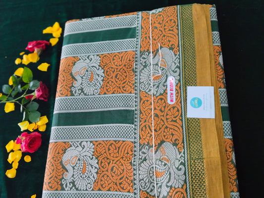 Bottle Green Pure Cotton Saree with peacock motifs