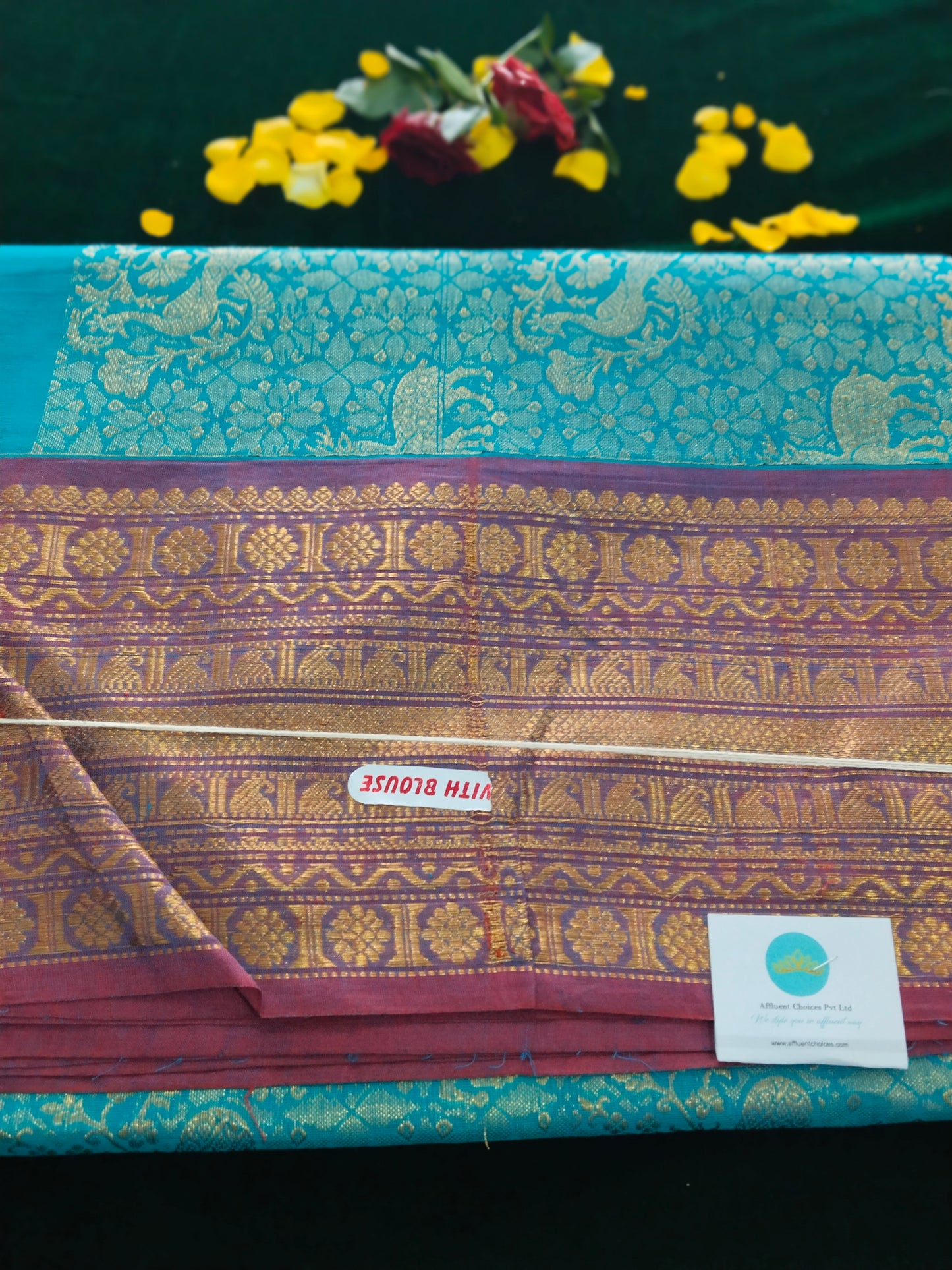 Awesome Blue pure rich cotton saree with traditional chara & Deer Buttas