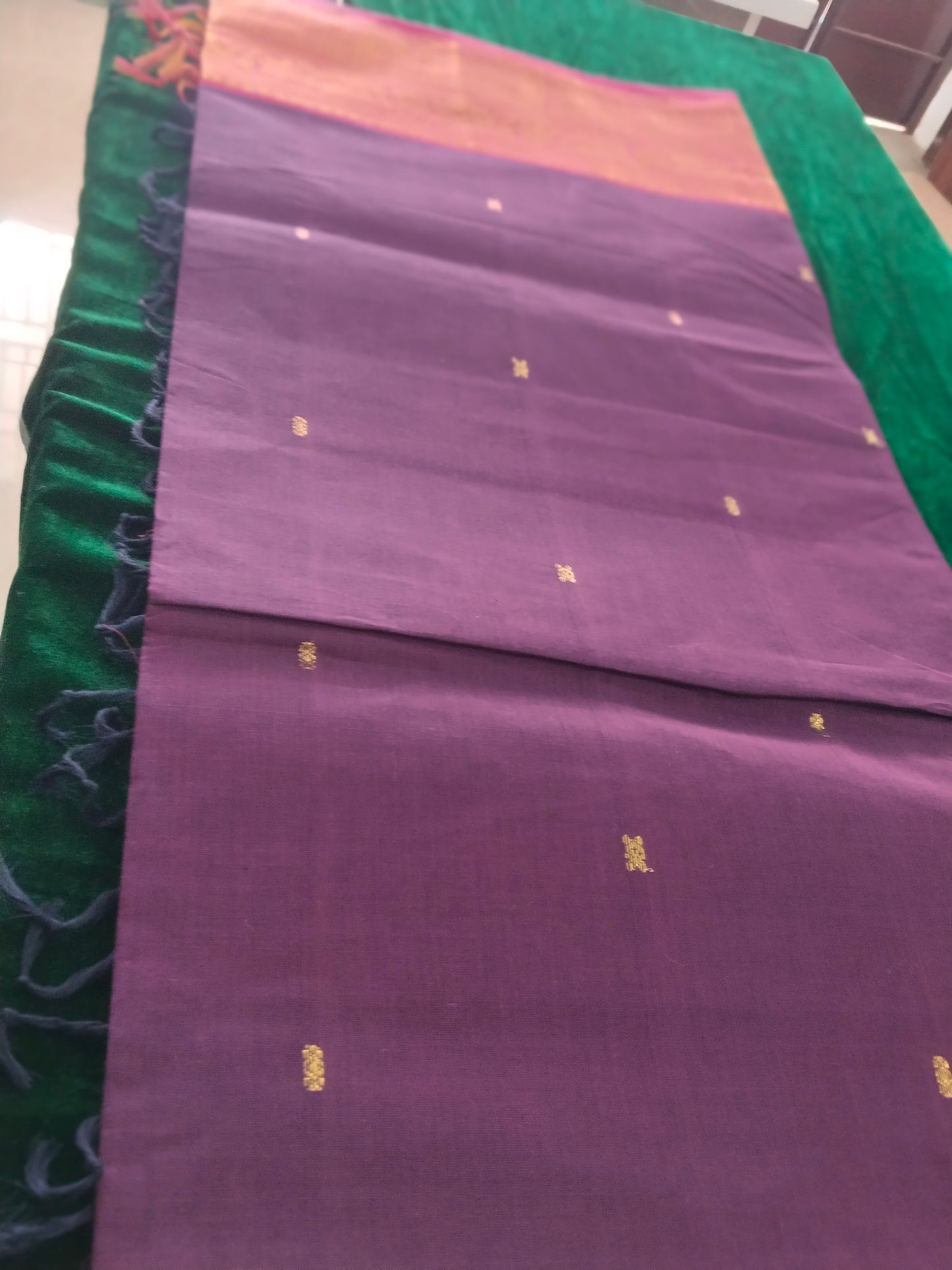 Pure cotton dark violet saree with buttas in pallu