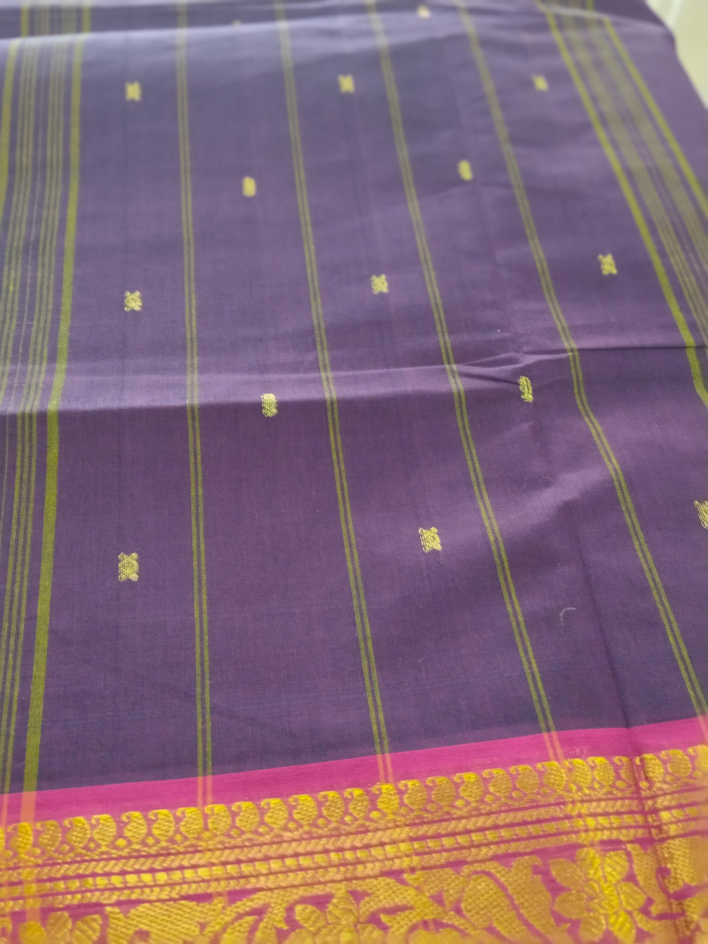 Pure cotton dark violet saree with buttas in pallu