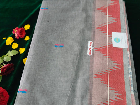 Grey pure cotton with coral red tower design