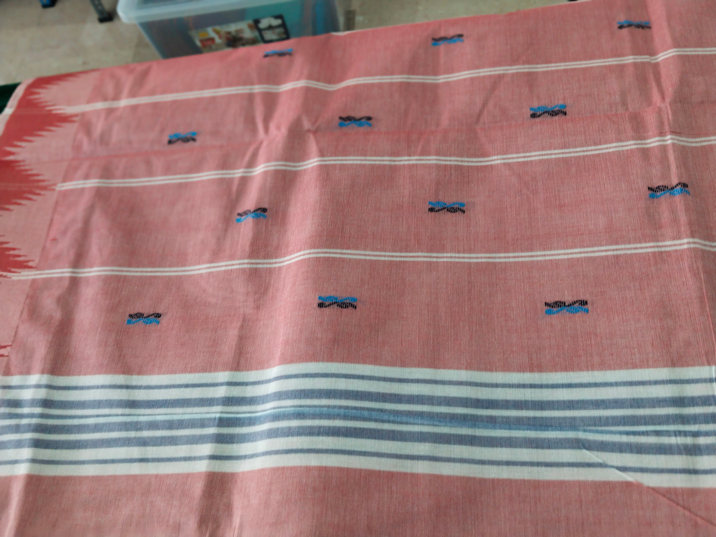 Grey pure cotton with coral red tower design