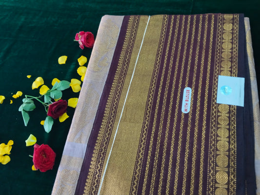 Rich cotton pastel brown saree with Neli Border & grand mango pallu