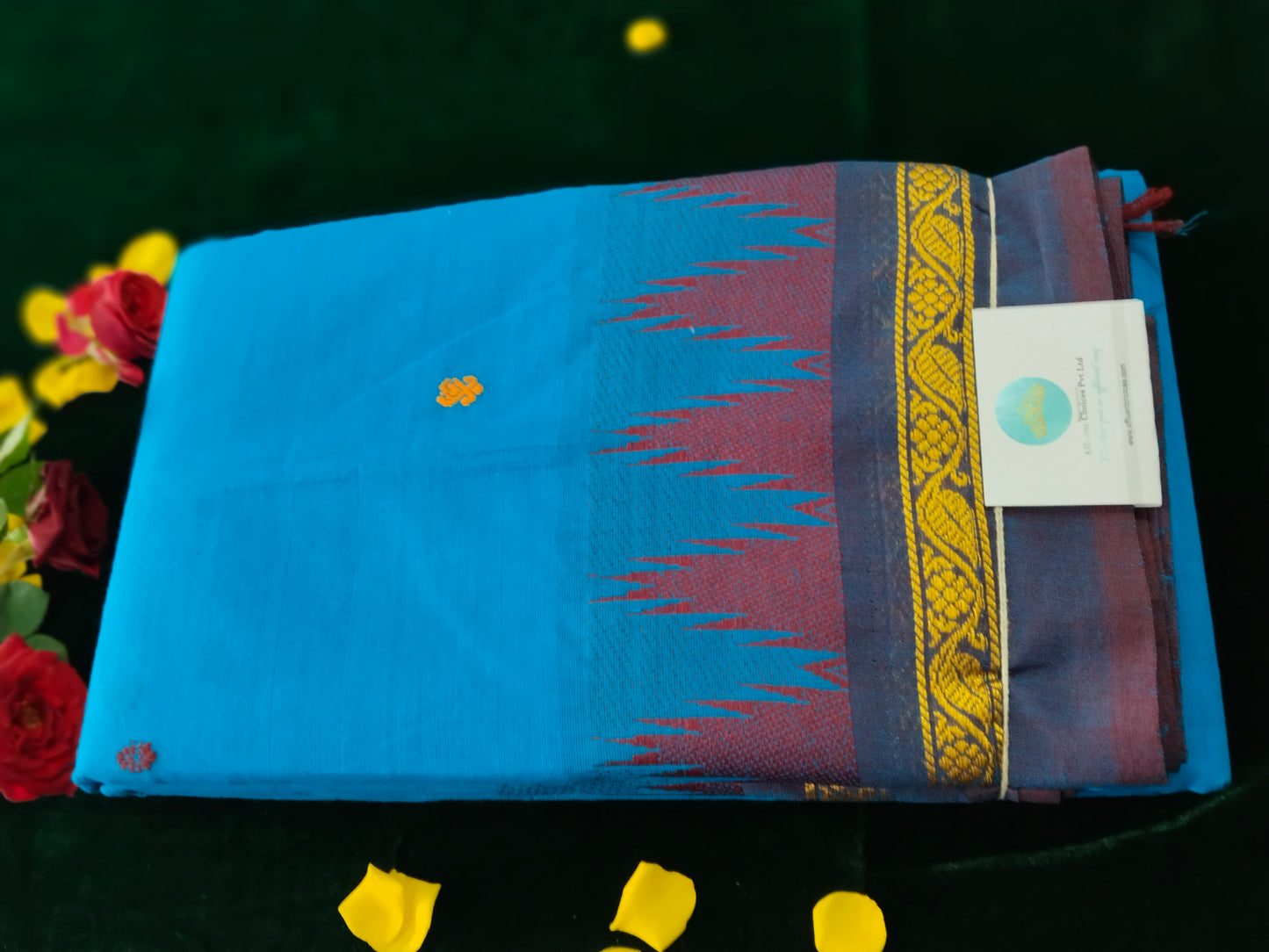 Blue pure cotton saree with traditional thread buttas all over with double side tower border