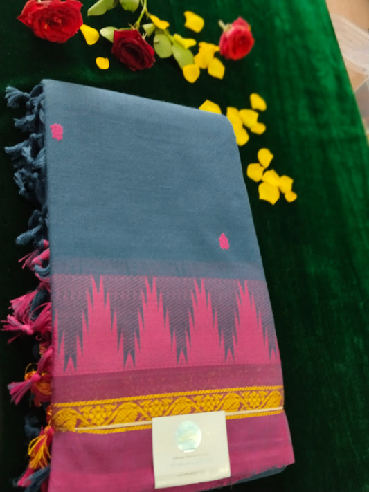Grey pure cotton with double side tower border with beautiful pallu