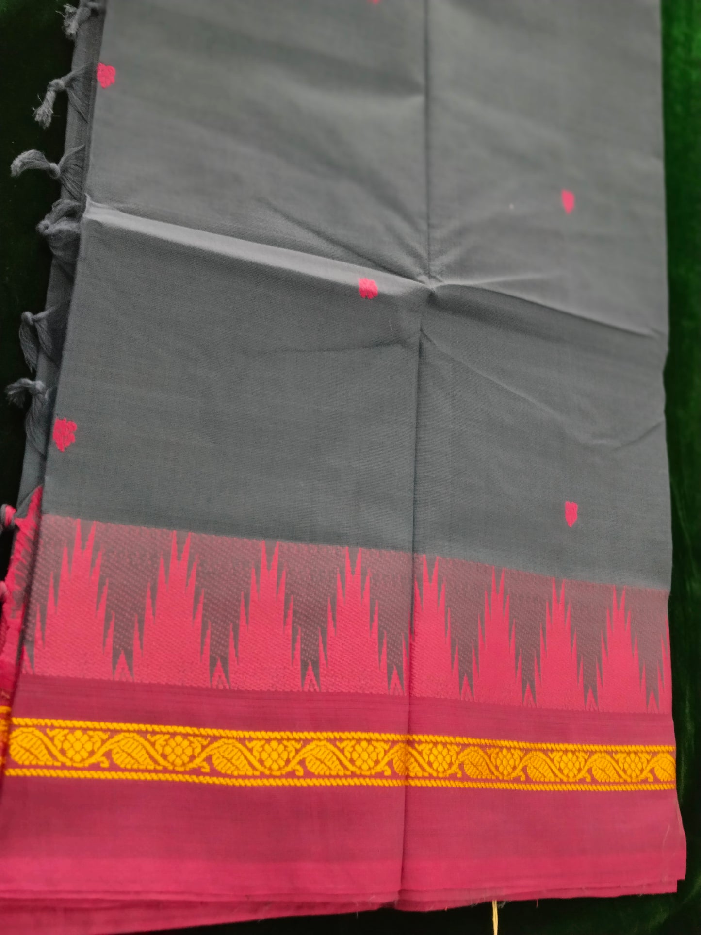 Grey pure cotton with double side tower border with beautiful pallu