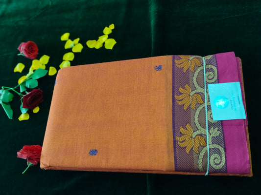 Mango yellow pure cotton saree with beautiful thread floral border and pallue