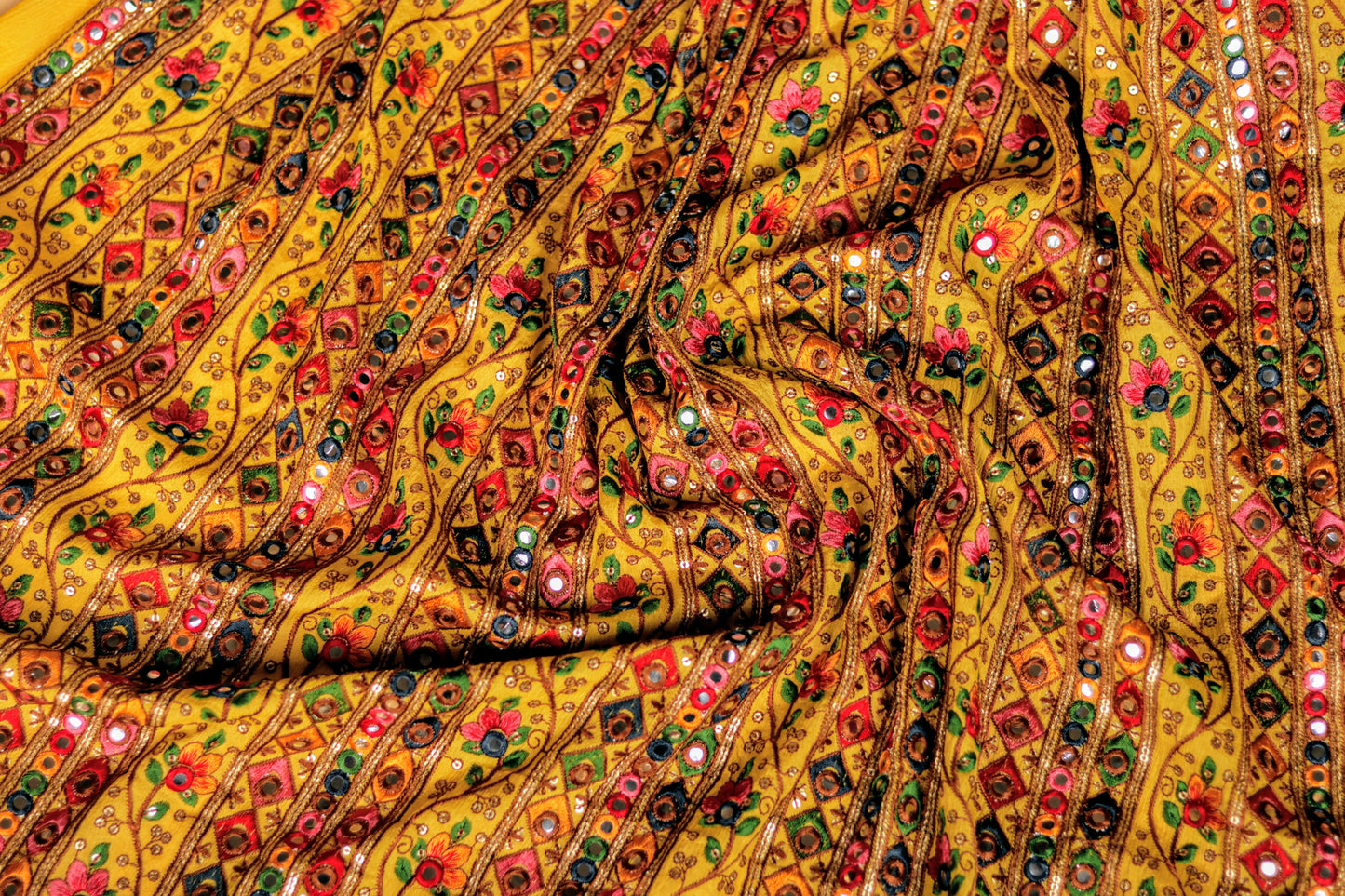 Mustard Yellow Pure Chinon Fabric with heavy multicoloured thread, sequin embroidery and mirror work