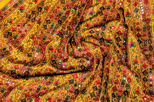 Mustard Yellow Pure Chinon Fabric with heavy multicoloured thread, sequin embroidery and mirror work
