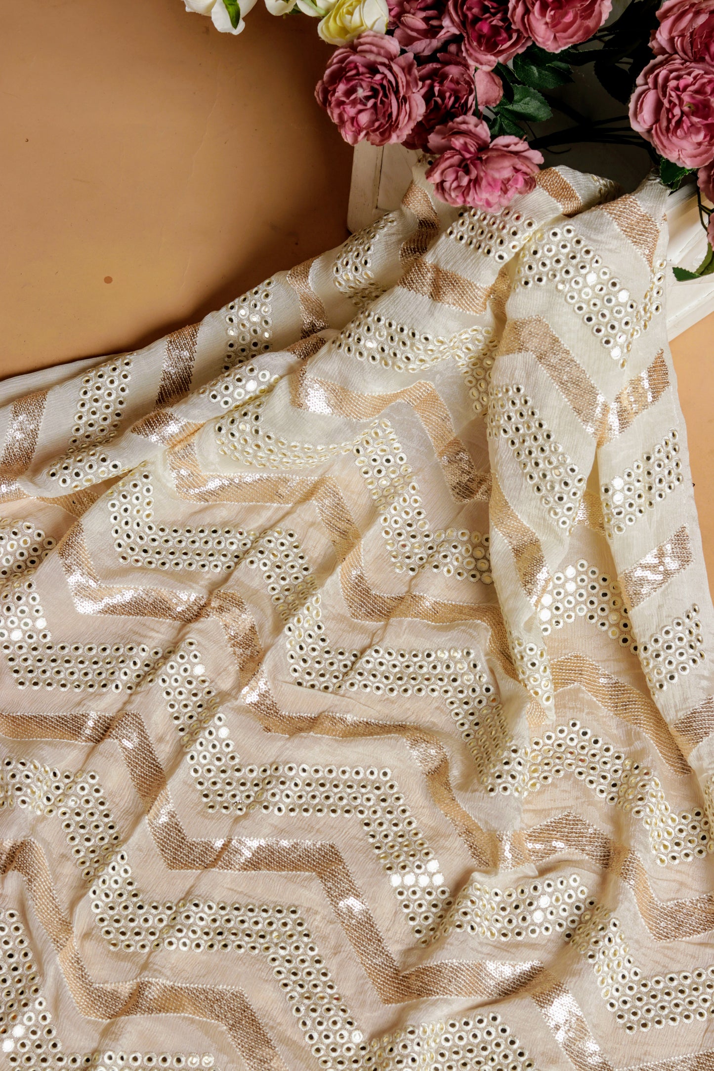 Off White Pure Viscose Chinon Fabric with Sequins and EmbroideryWork