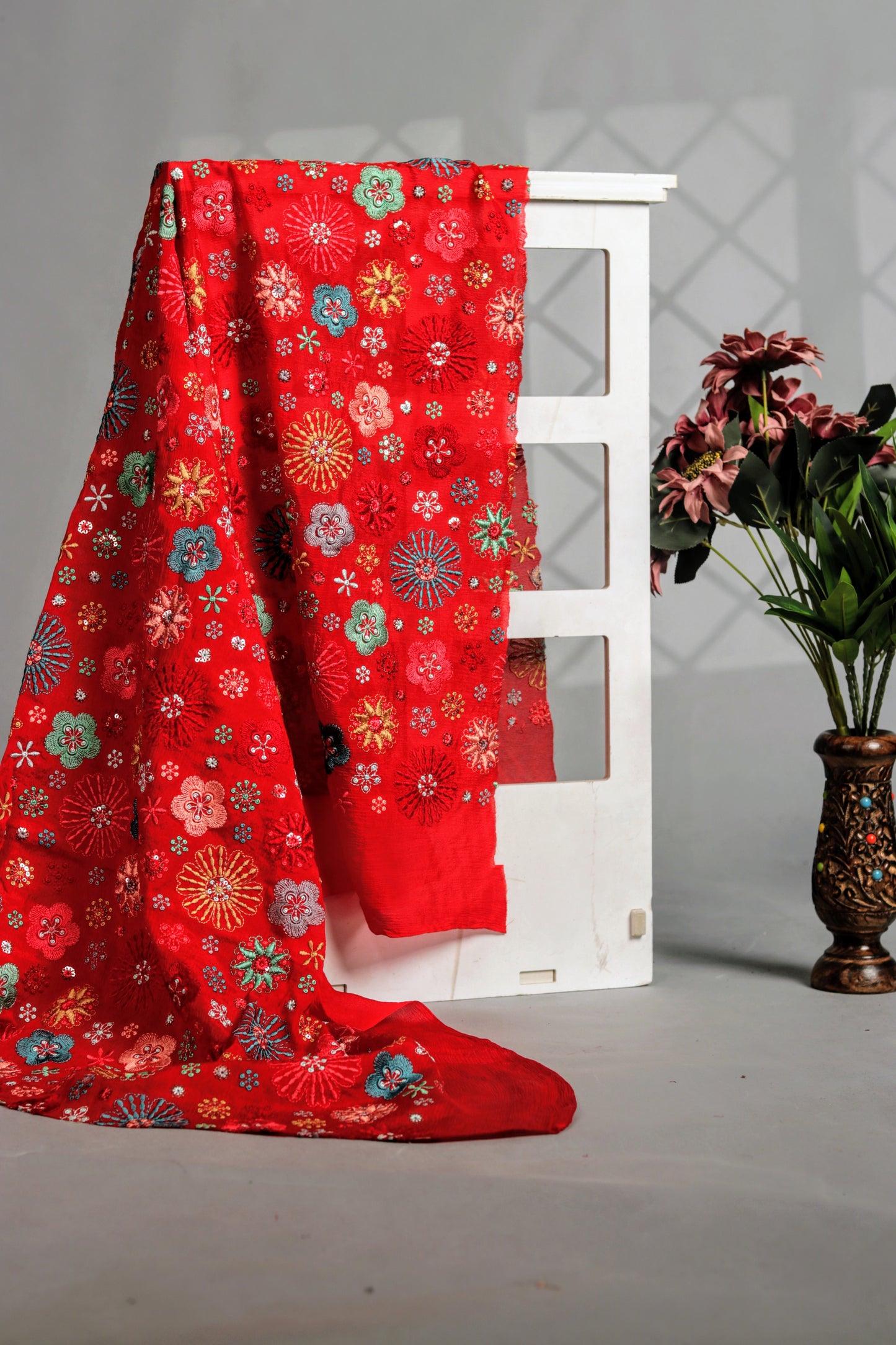 Pure Viscose Chinon Fabric with Multicolor Thread Embroidery on Red Base
