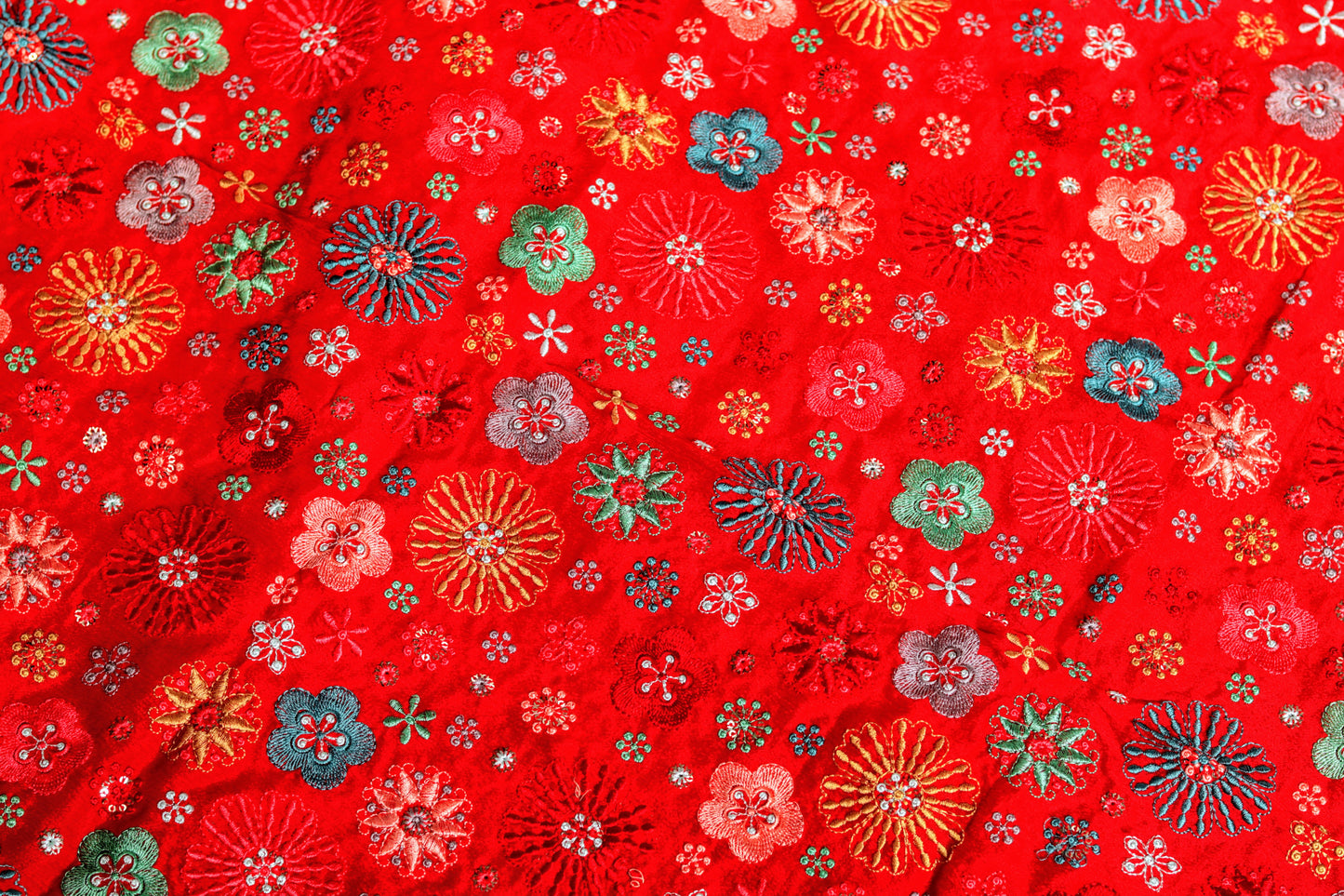 Pure Viscose Chinon Fabric with Multicolor Thread Embroidery on Red Base