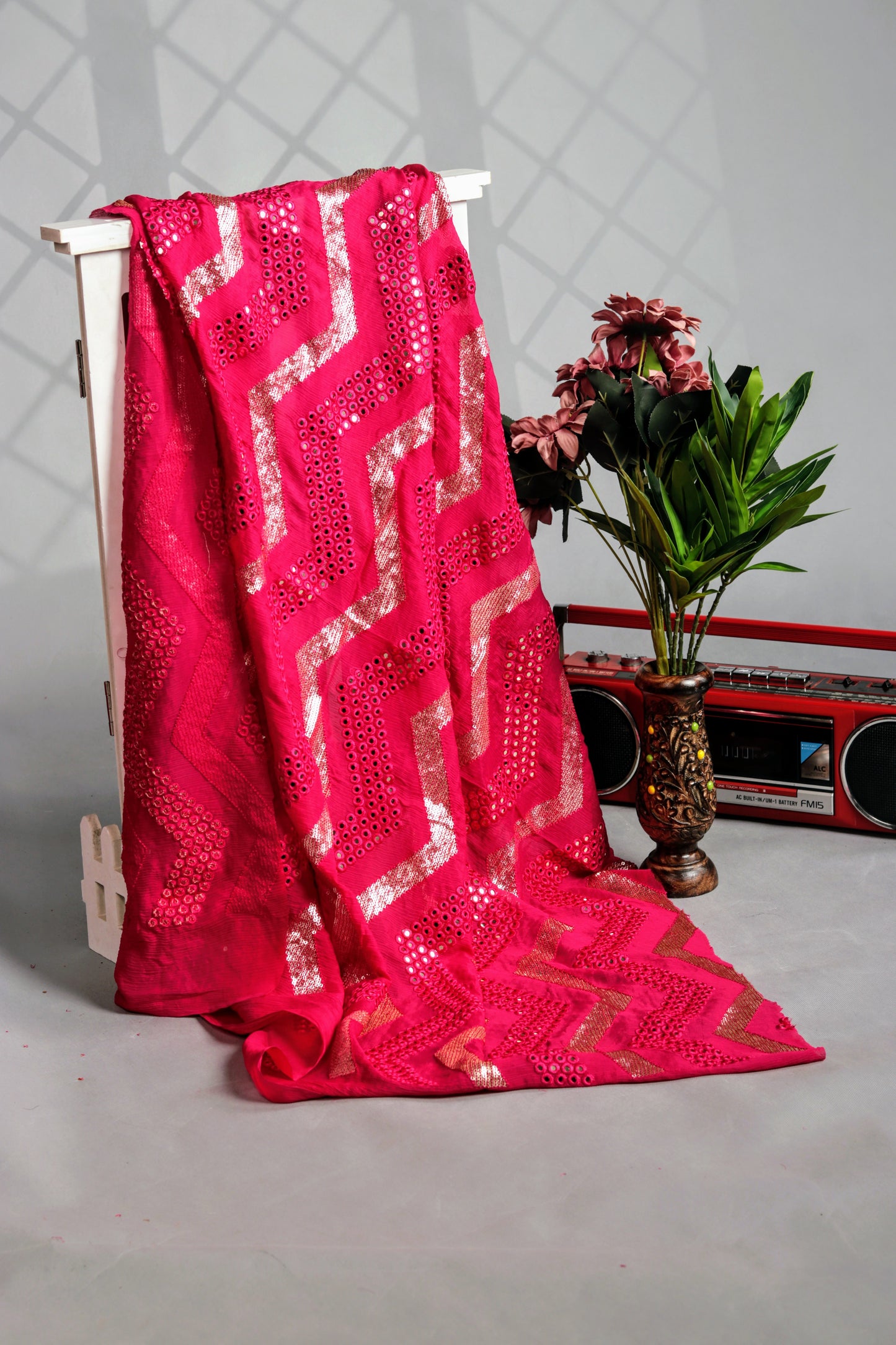 Pure Viscose Chinon in Rani Pink With Wavy/ Zigzag Pattern and Sequins work