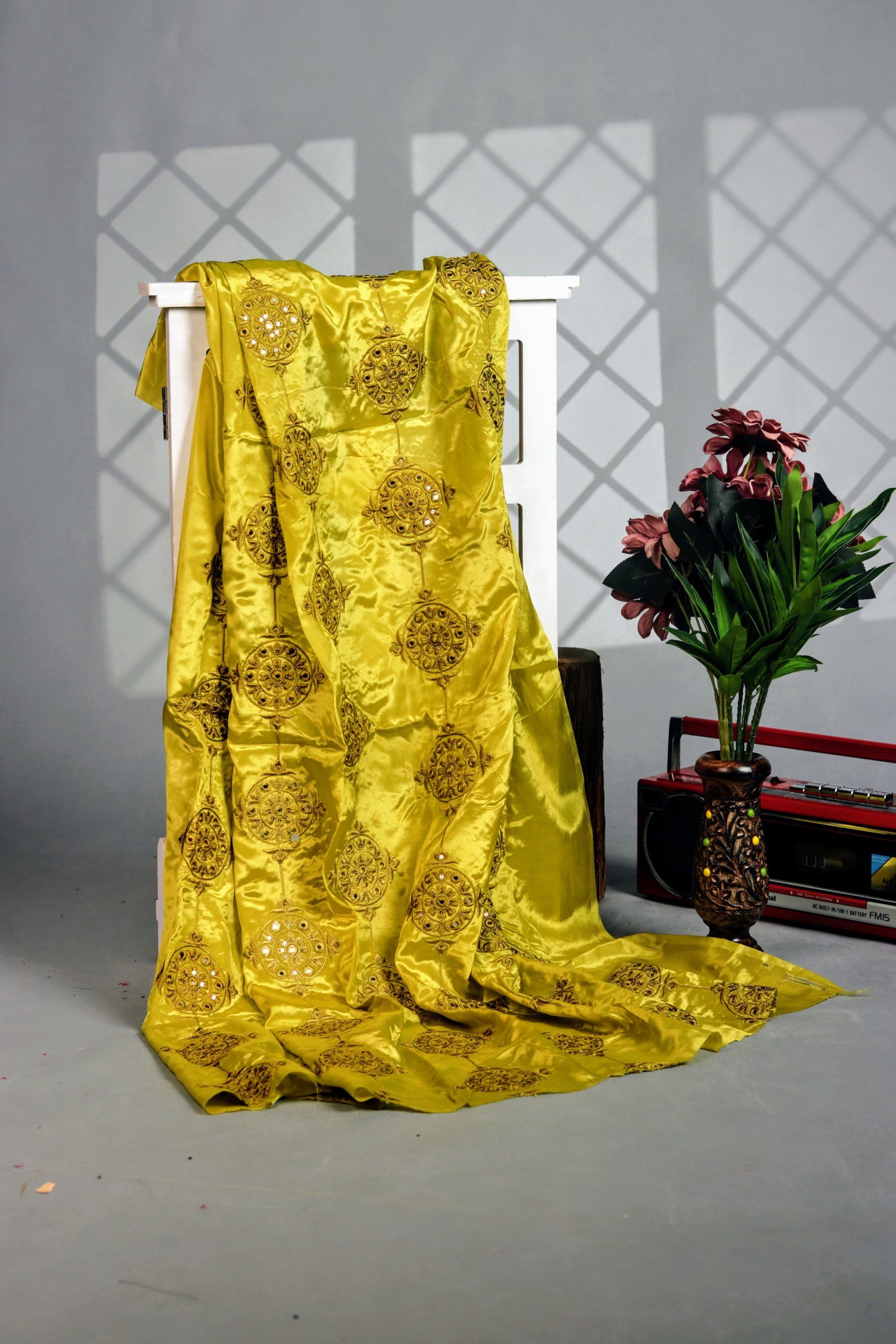 Yellowish Green Natural Crepe Fabric with Sequins and Embroidery work