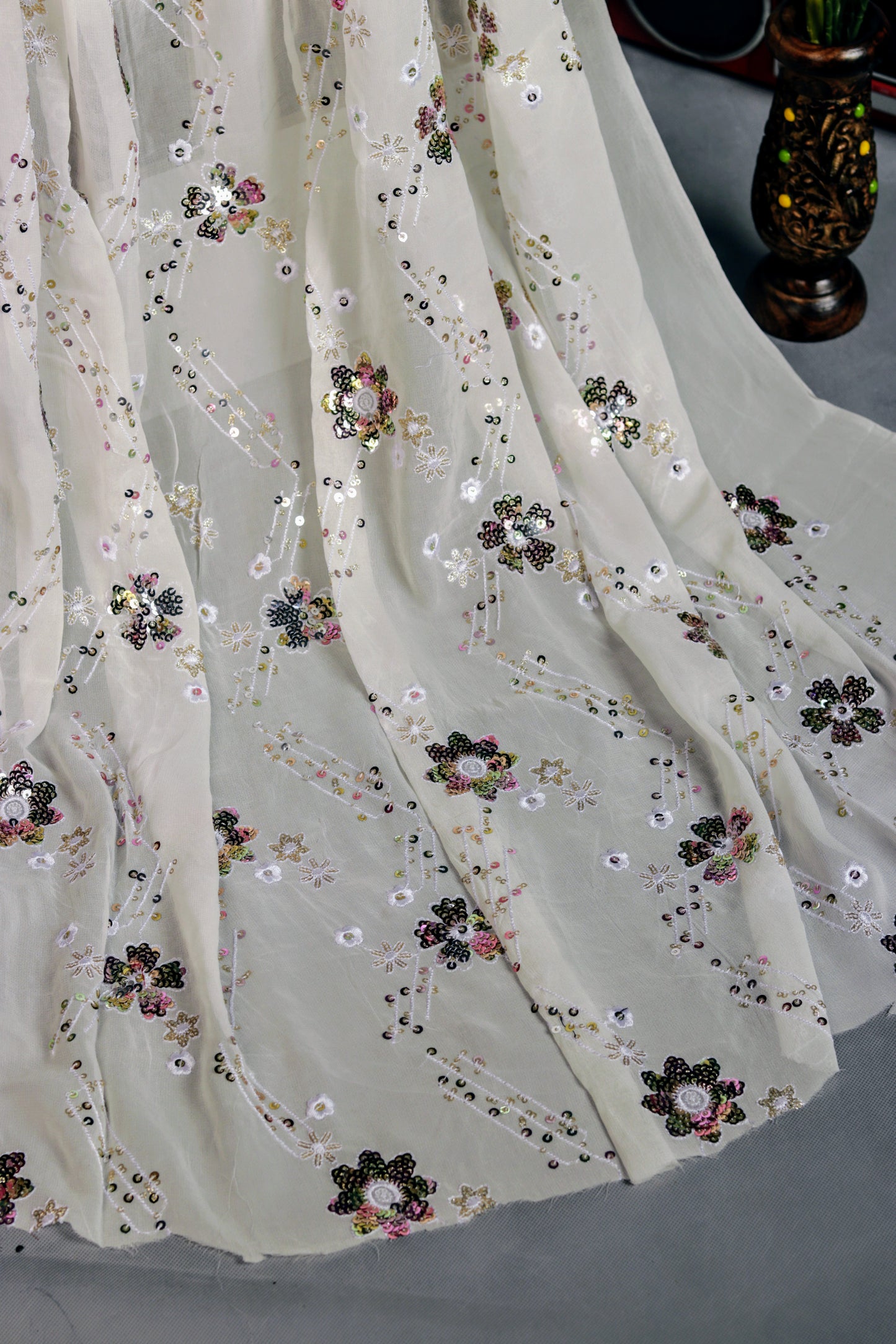 White Viscose Georgette Fabric with Multicolor Thread Embroidery and Sequins work