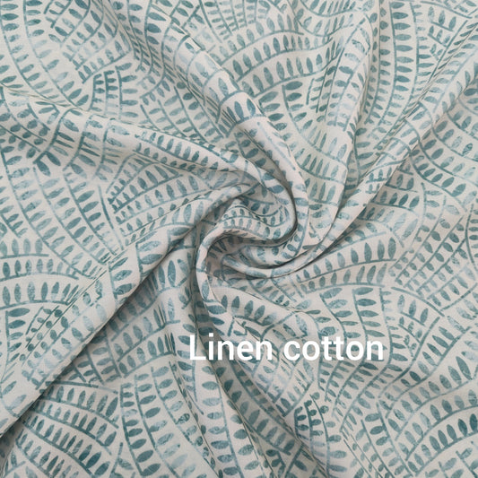 Linen Cotton Fabric in Leafy Green Print