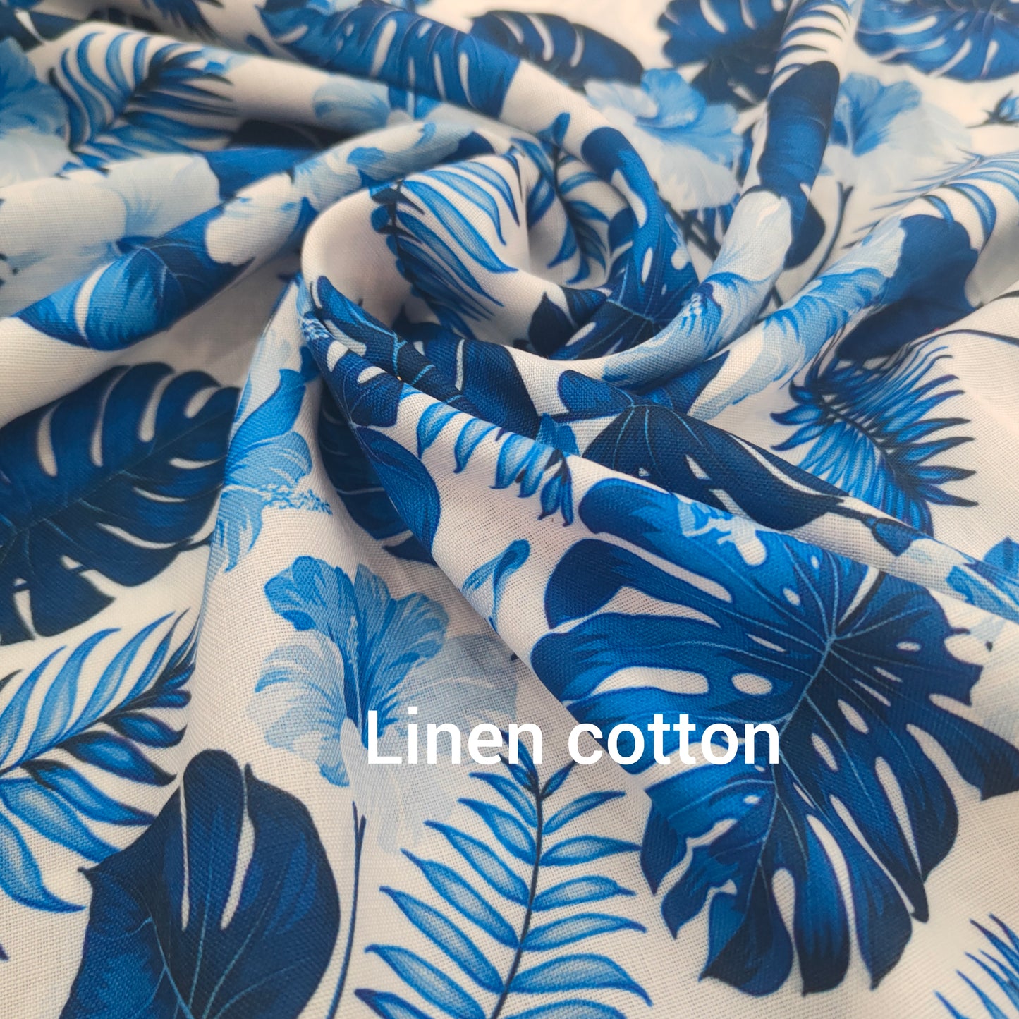 Linen Cotton Fabric with Nature Inspired Prints in Royal Blue
