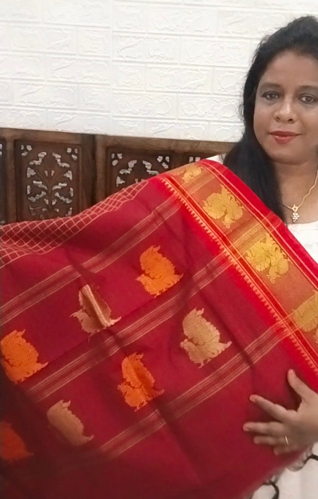 Mercerized Cotton Maroon Saree with peacock buttas