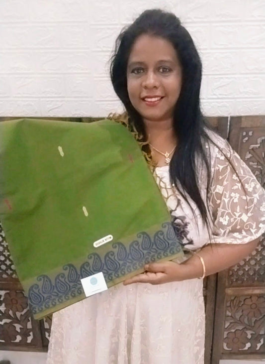 Pure green  Cotton saree with colourful buttas in pallu & Mango border