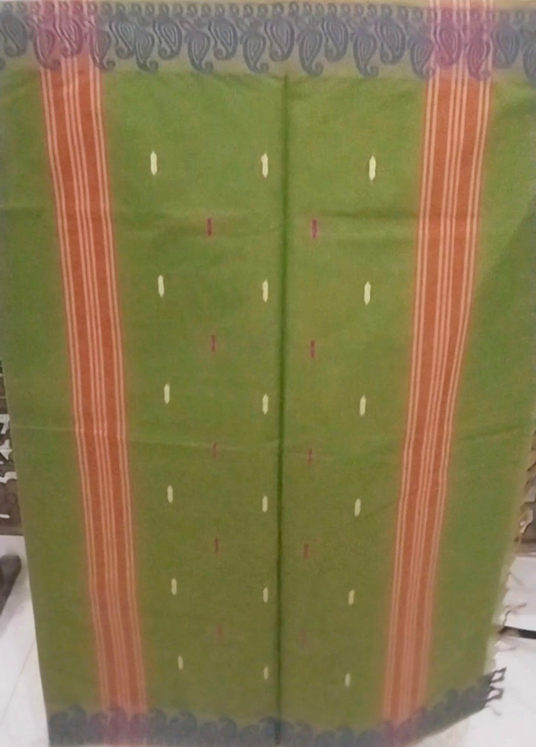 Pure green  Cotton saree with colourful buttas in pallu & Mango border