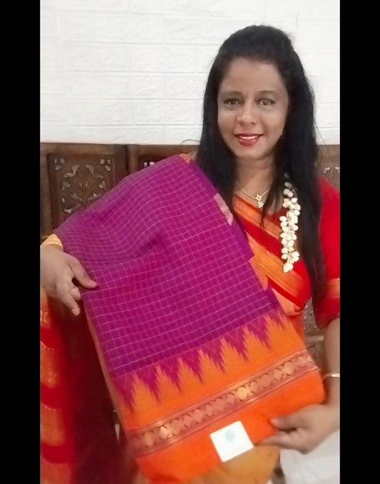 Mercerized cotton saree with tower design and peacock buttas in pallu