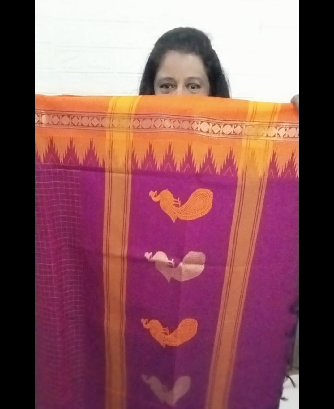 Mercerized cotton saree with tower design and peacock buttas in pallu