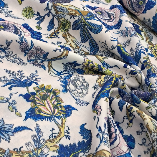 Linen Cotton Fabric with Nature Inspired Prints in Blue
