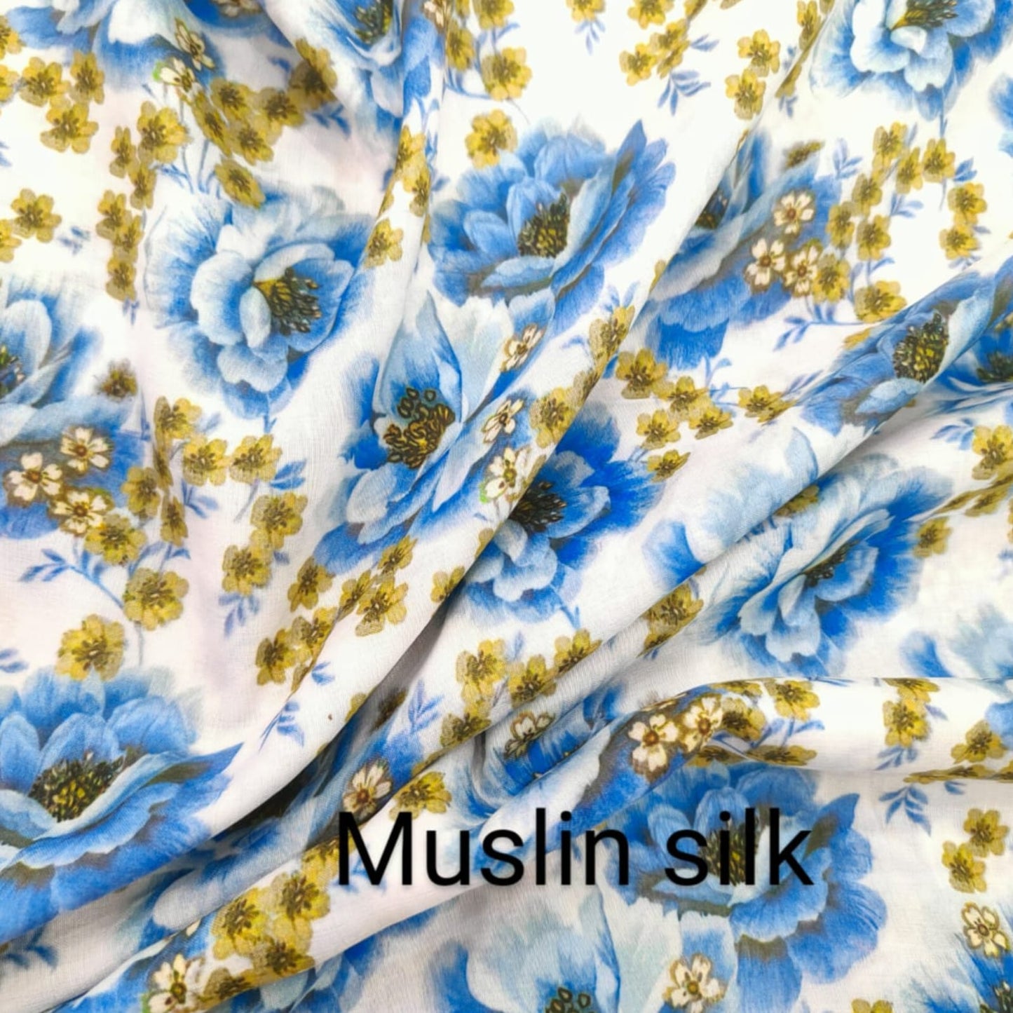 Muslin Silk White and Blue Floral Print