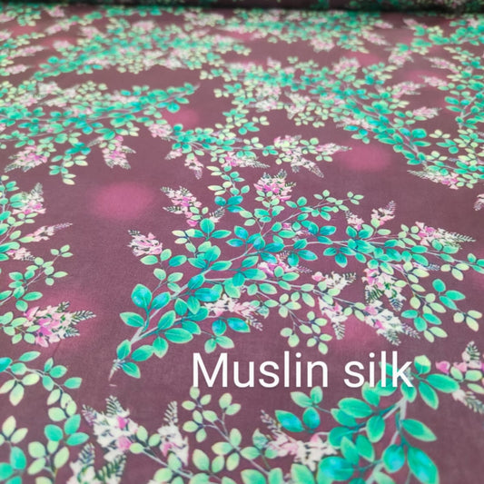 Muslin Silk Maroon and Green Leaf and Floral Print