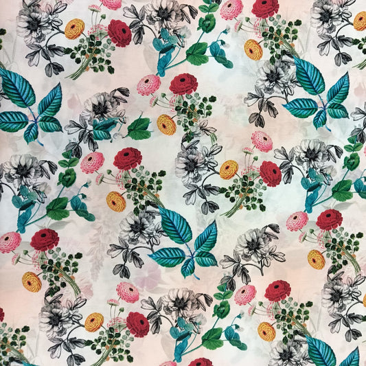 Popline cotton 58" Fabric - green leaves with floral design in  lght peach colour base