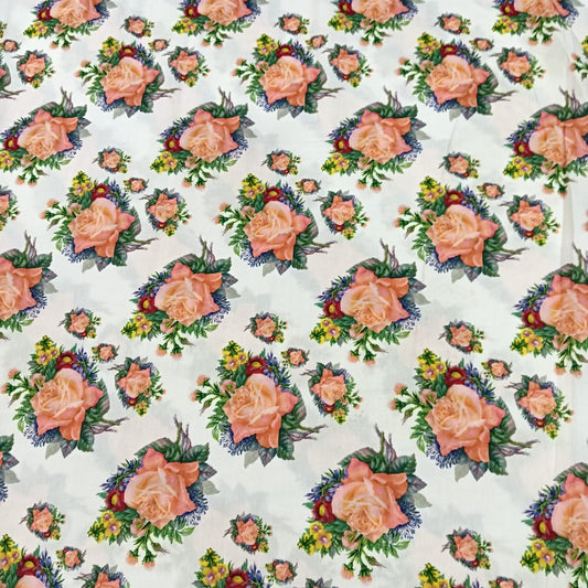 Popline Cotton 58" Fabric - peach colour roses in ivory base