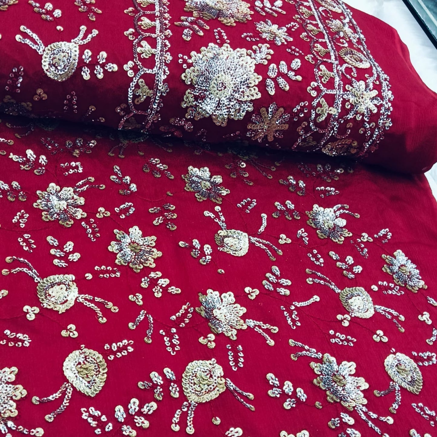 Red Pure Viscose Chinon With Heavy Sequins Embroidery all over