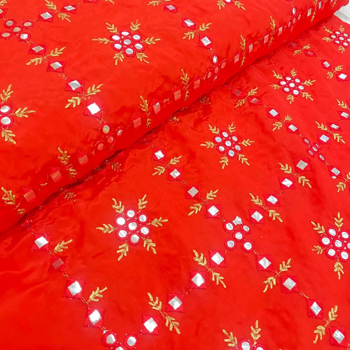 Red Natural Crepe Fabric with Mirror and Embroidery Work