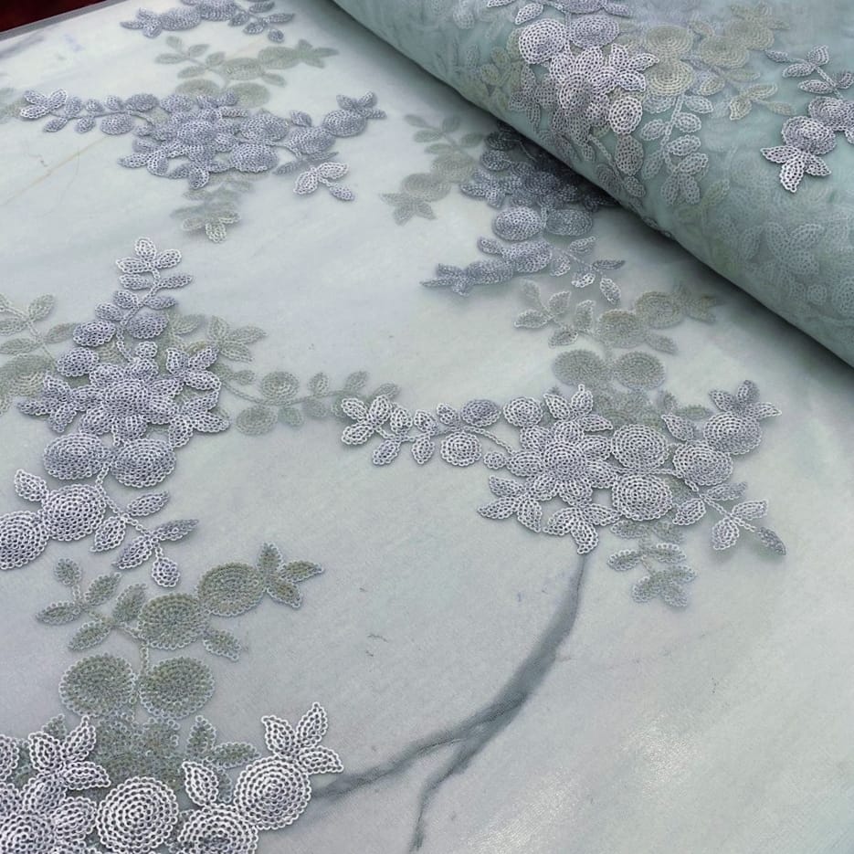 Pastel Green Net Fabric with Floral  Pattern Embroidery
