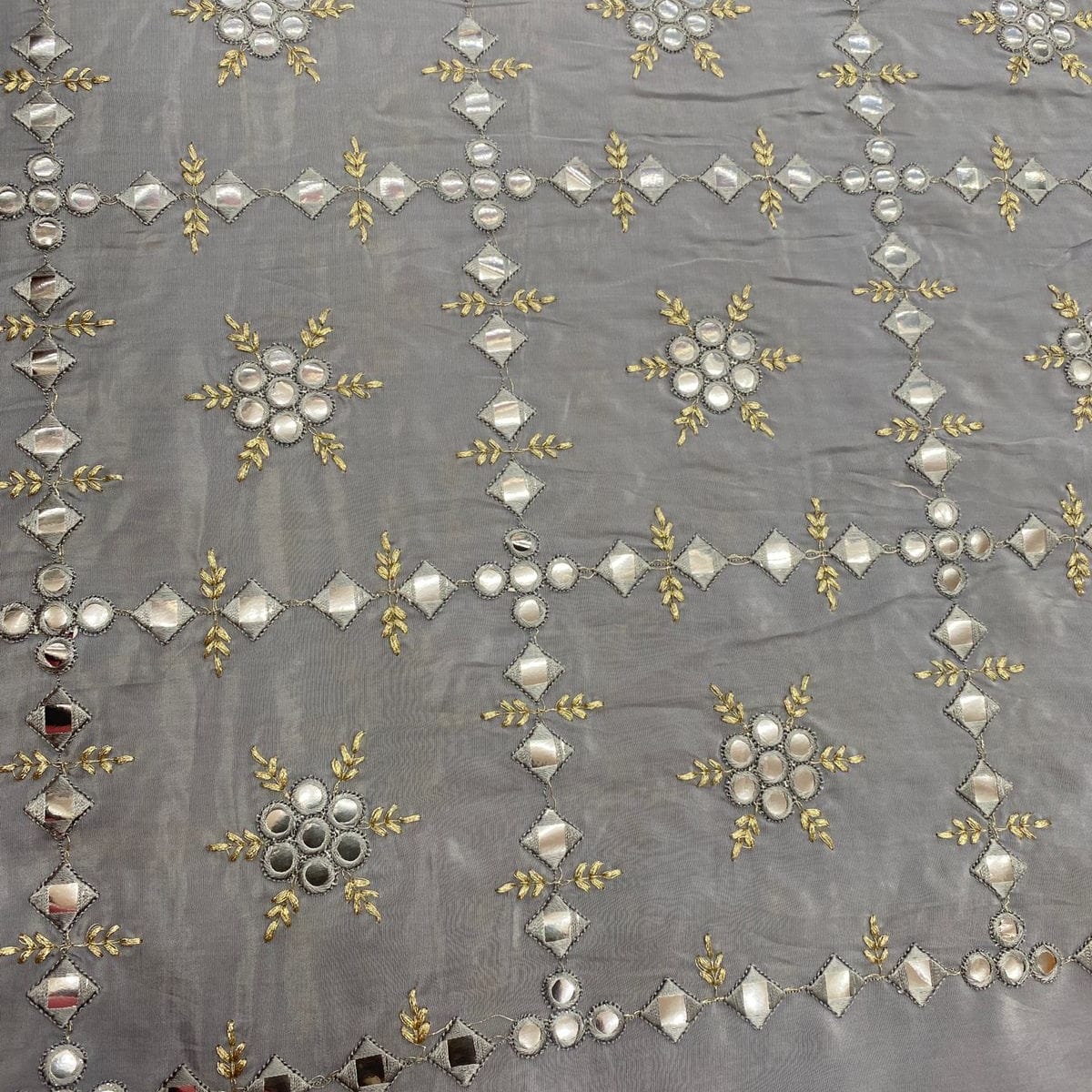Tempered Grey Natural Crepe Fabric with Mirror and Embroidery Work