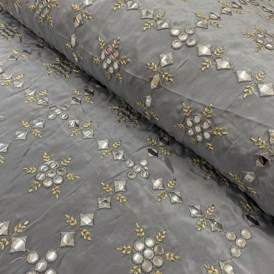 Tempered Grey Natural Crepe Fabric with Mirror and Embroidery Work
