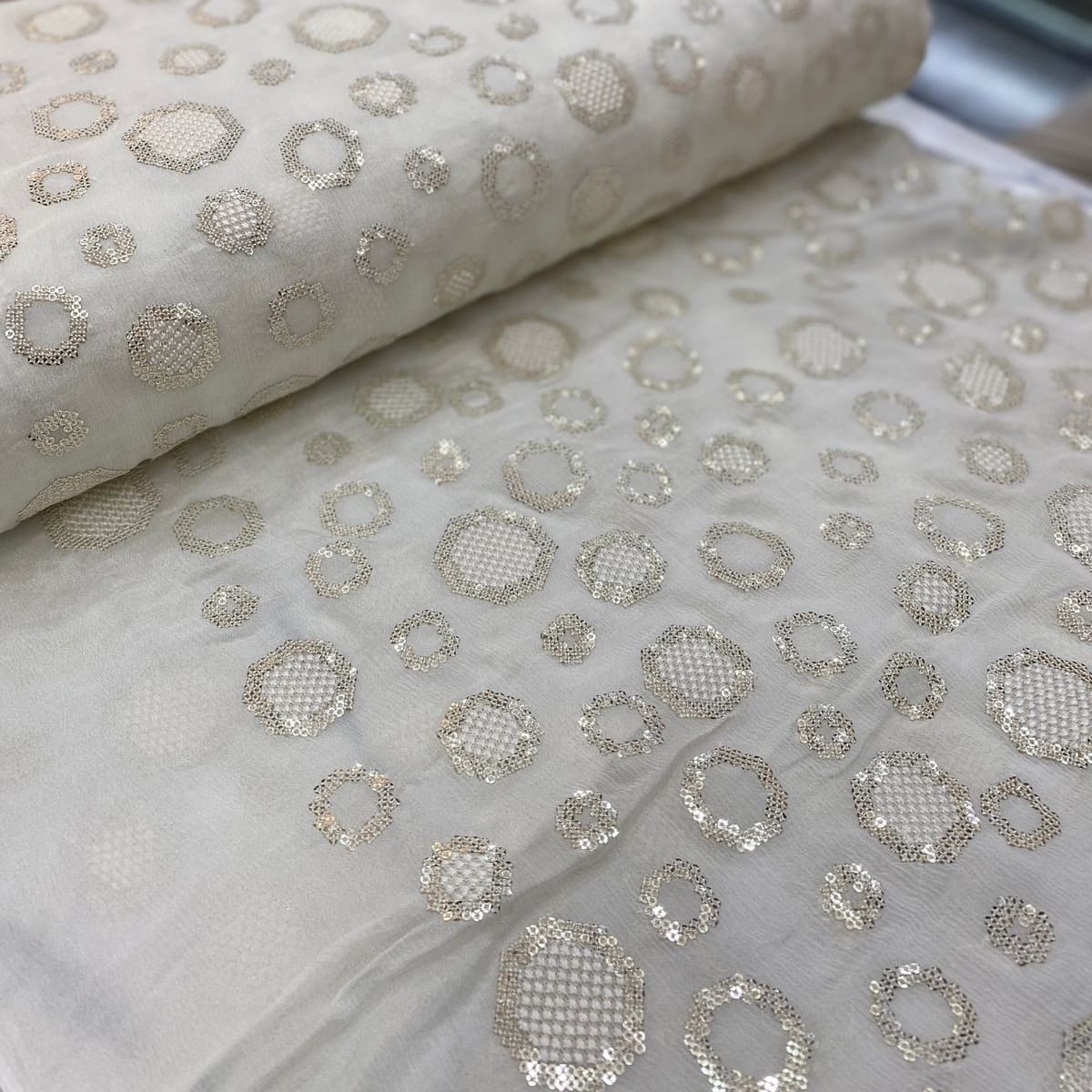 Viscose Chinon with Round Pattern work in White Fabric