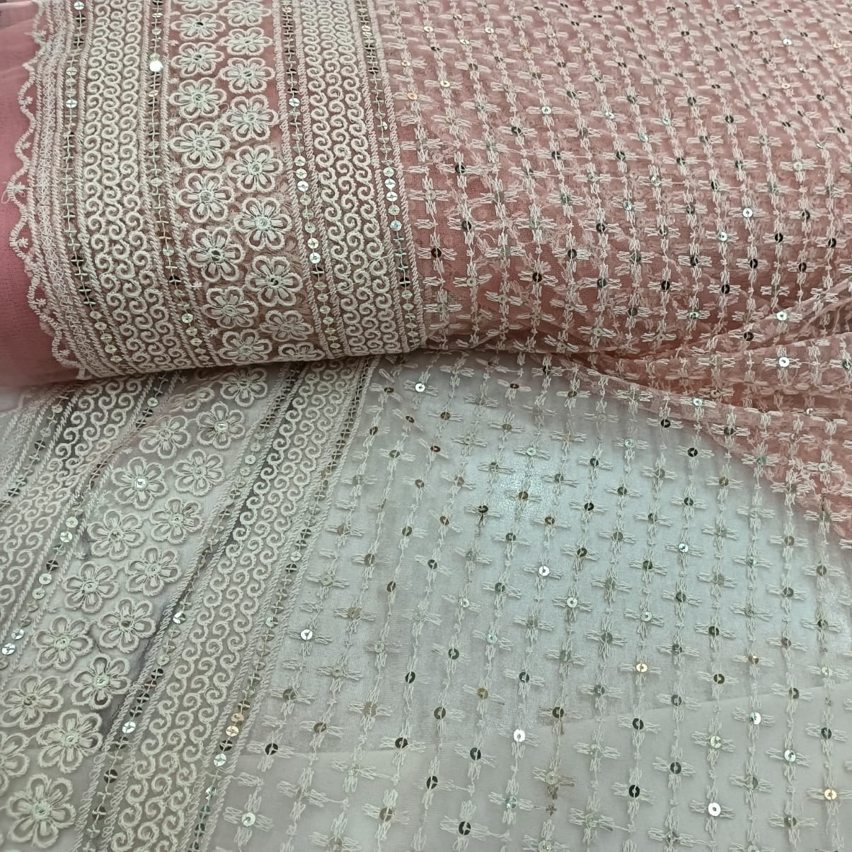 Floral Pattern Thread Embroidery on Peach Net Fabric