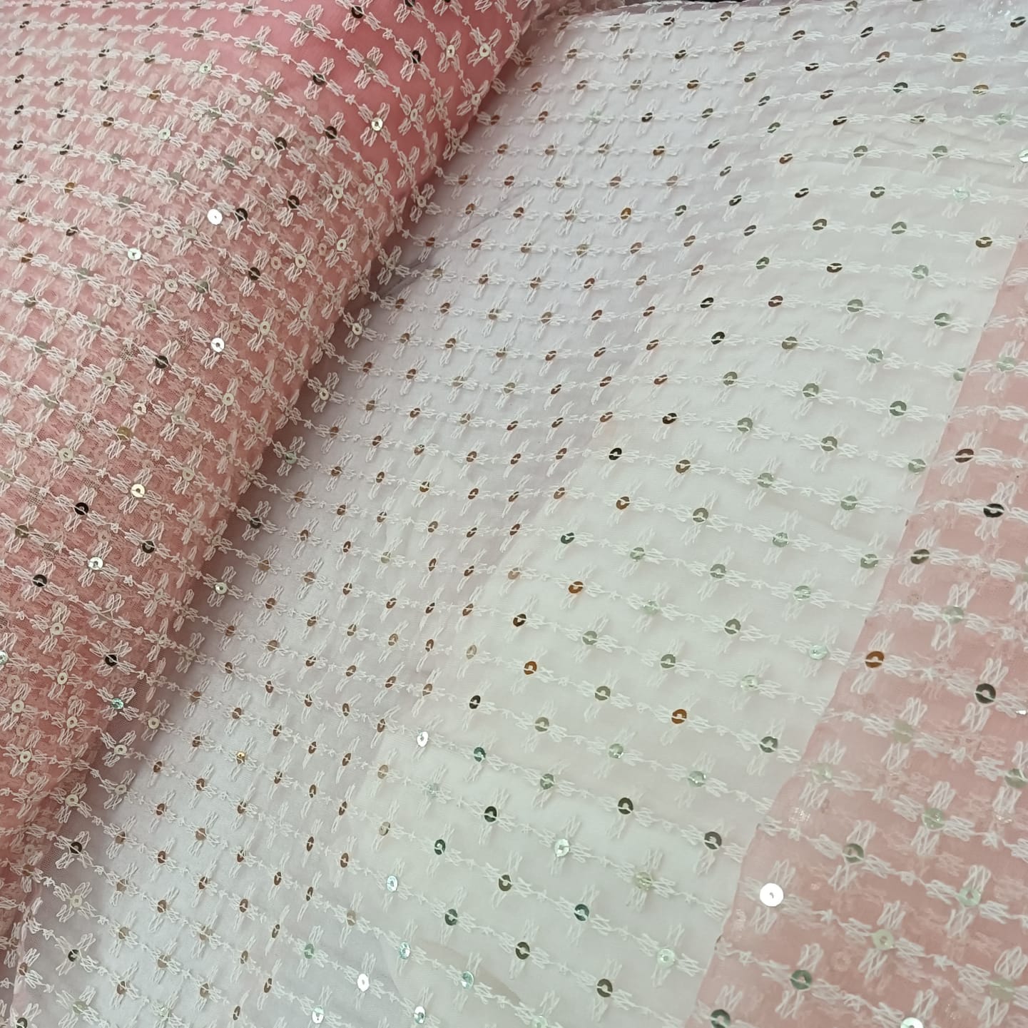 Thread Embroidery on Peach Net Fabric