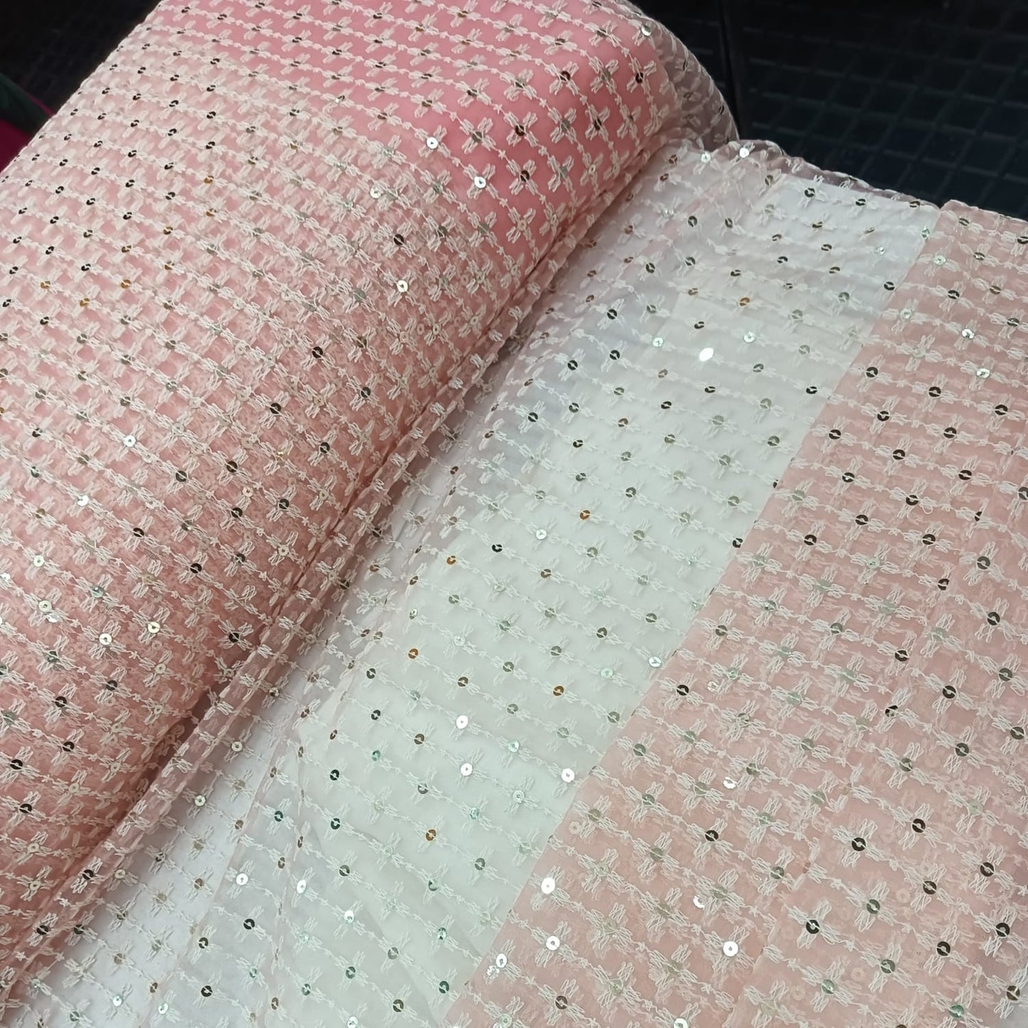 Thread Embroidery on Peach Net Fabric